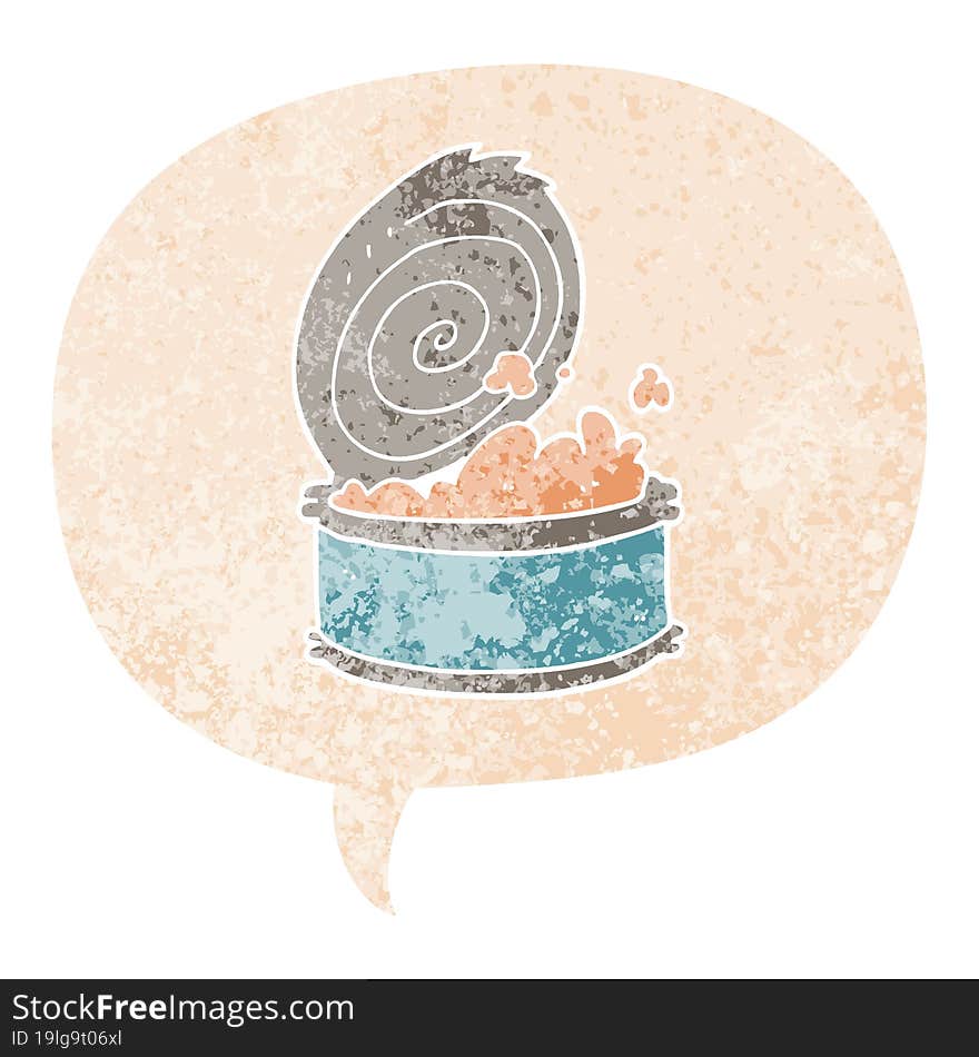 Cartoon Canned Fish And Speech Bubble In Retro Textured Style