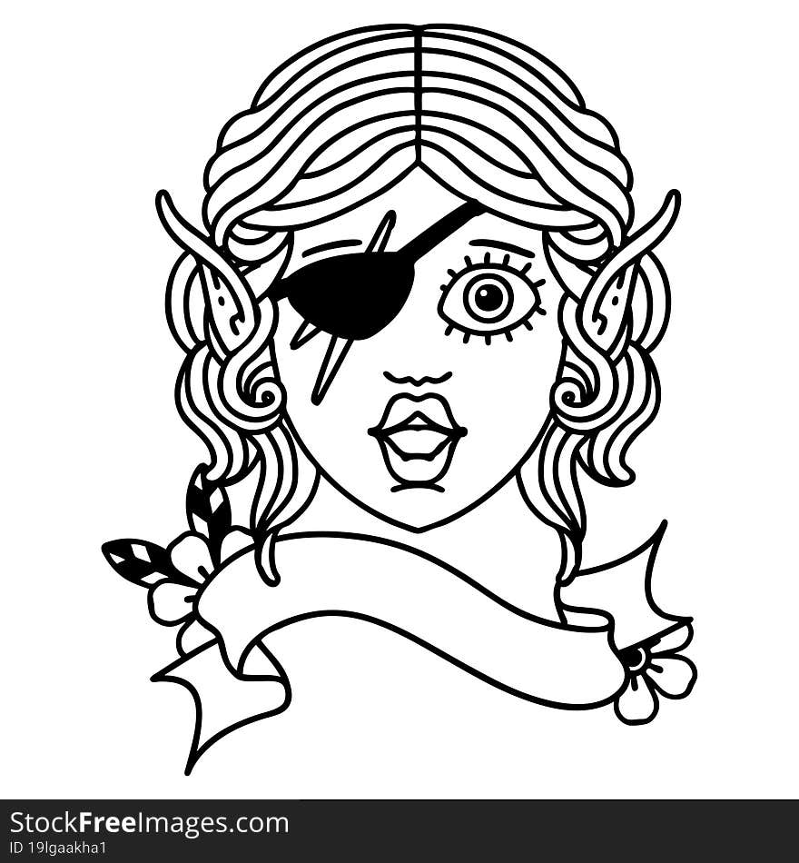 Black and White Tattoo linework Style elf rogue character face. Black and White Tattoo linework Style elf rogue character face