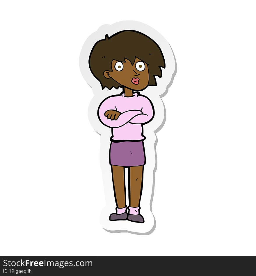 sticker of a cartoon woman wit crossed arms