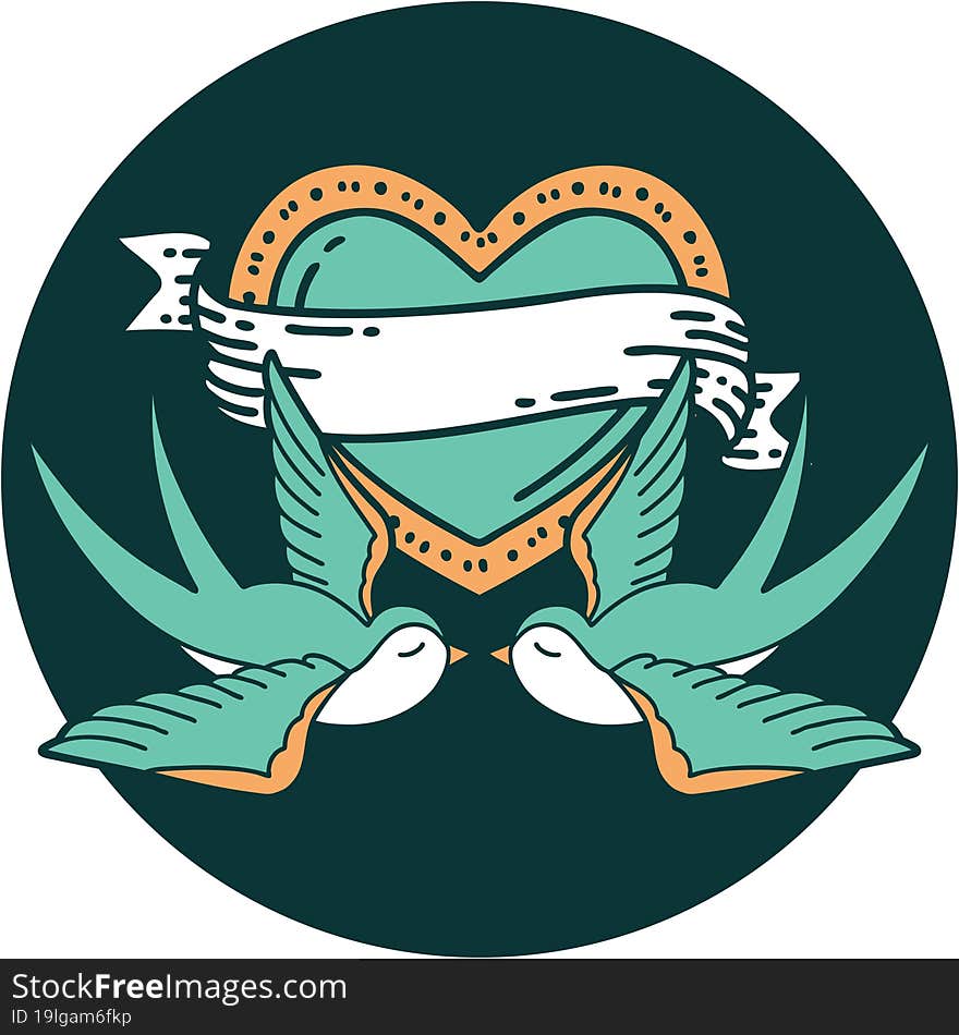 tattoo style icon of a swallows and a heart with banner