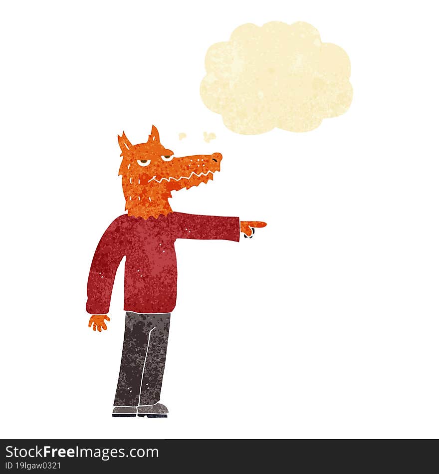 cartoon fox man pointing with thought bubble