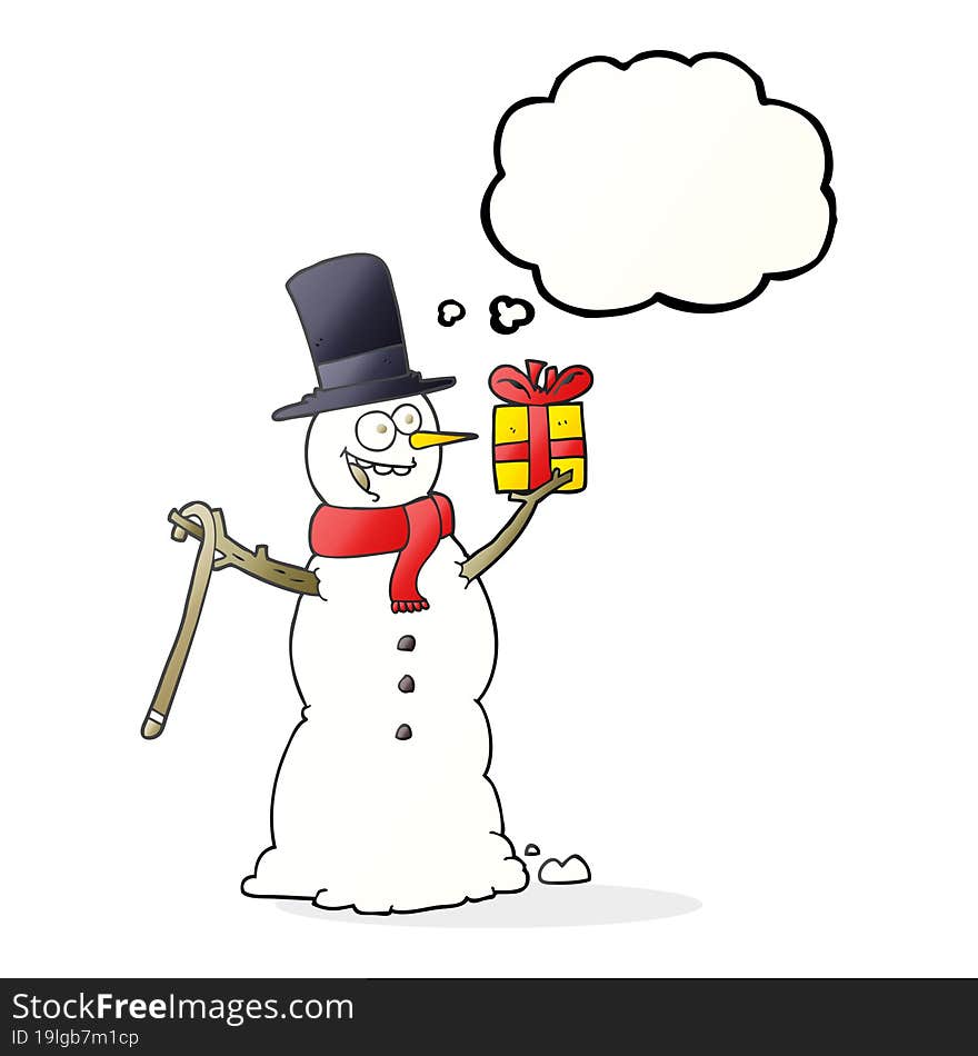 Thought Bubble Cartoon Snowman Holding Present