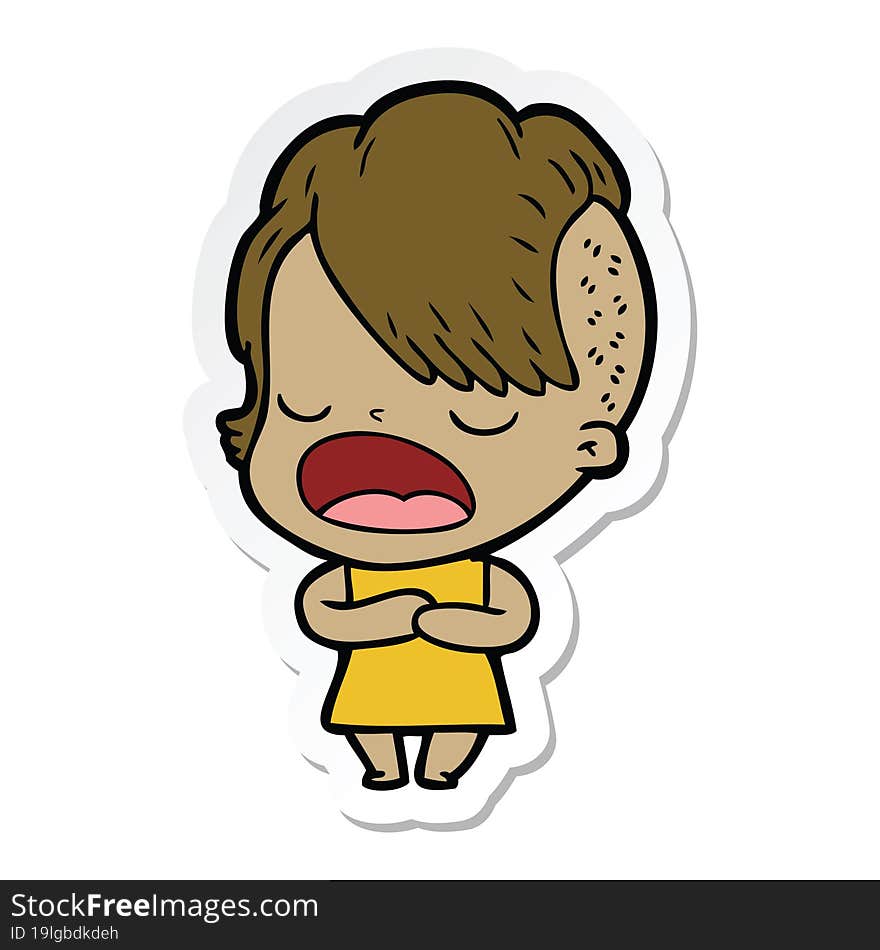 sticker of a cartoon cool hipster girl talking