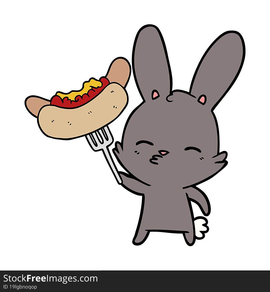 curious bunny cartoon with hotdog. curious bunny cartoon with hotdog