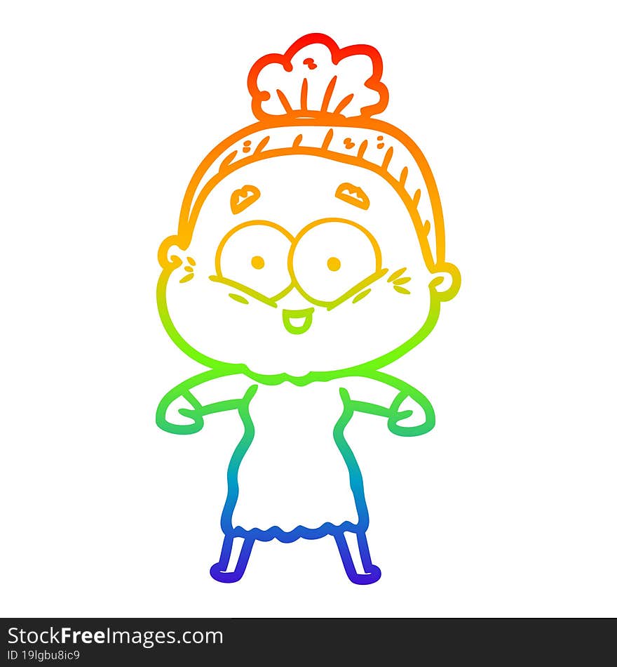 rainbow gradient line drawing of a cartoon happy old woman