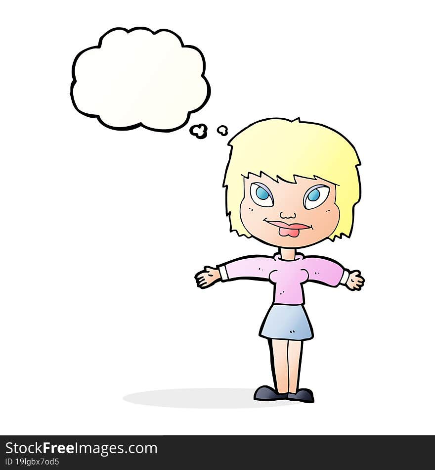 cartoon woman with open amrs with thought bubble