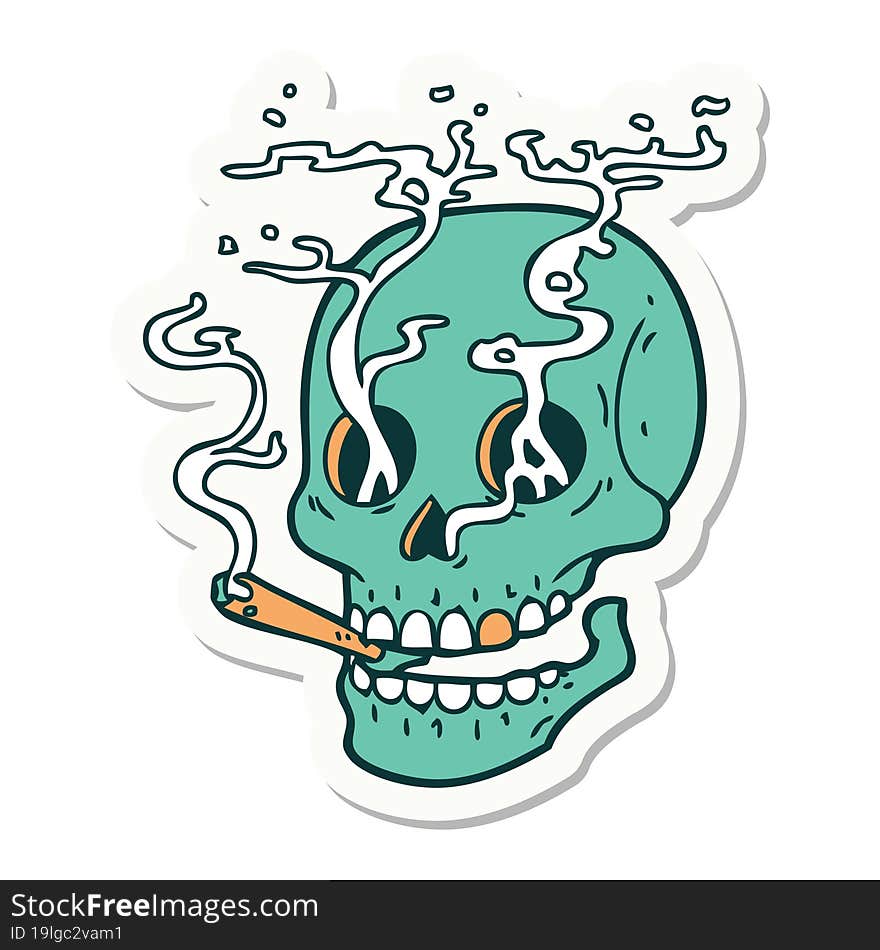 tattoo style sticker of a skull smoking