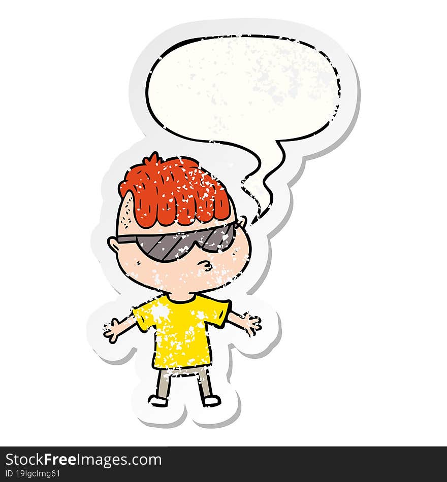 cartoon boy wearing sunglasses and speech bubble distressed sticker