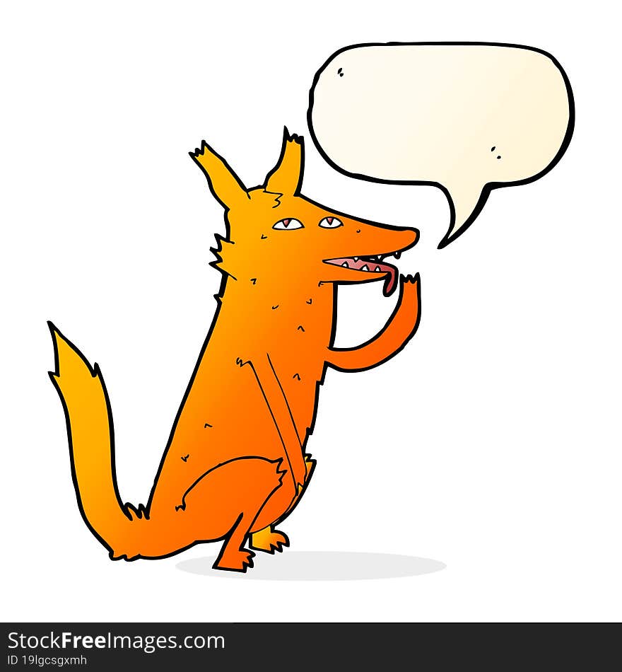 cartoon fox licking paw with speech bubble