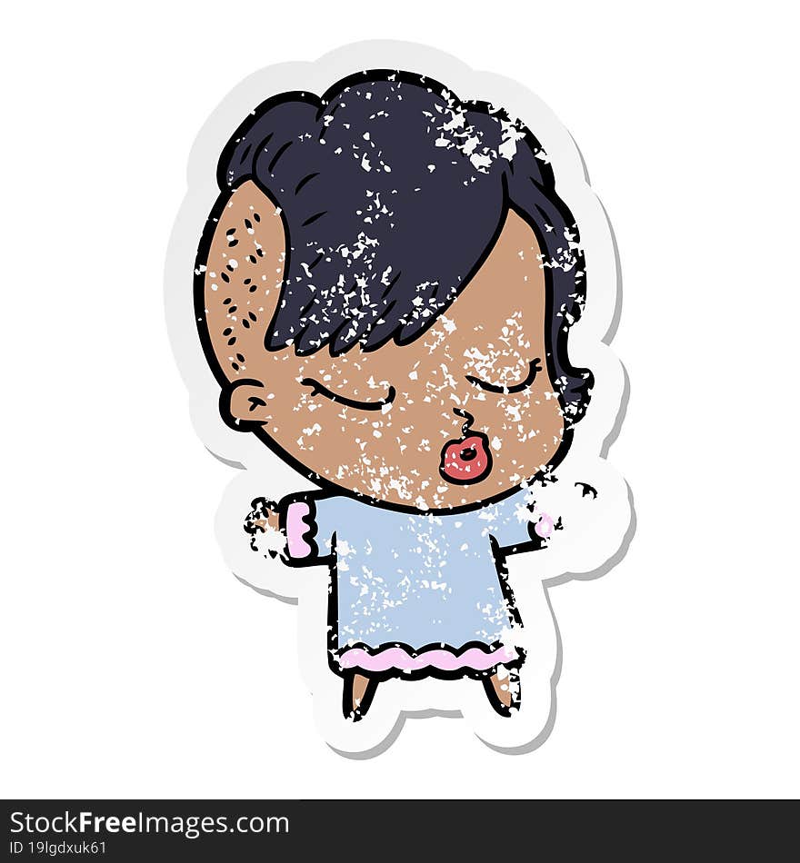 distressed sticker of a cartoon pretty hipster girl