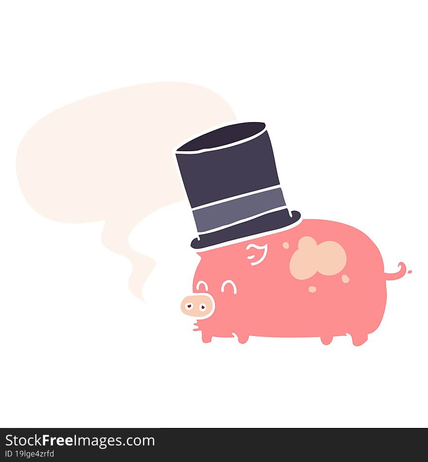 cartoon pig wearing top hat and speech bubble in retro style