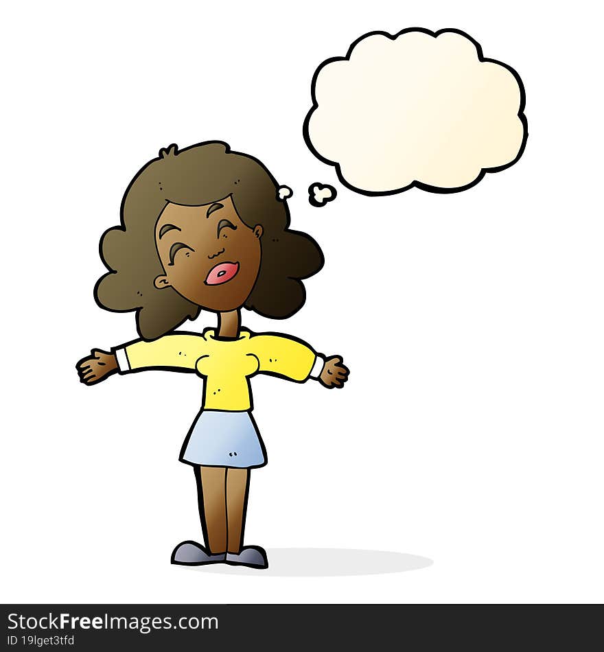 cartoon woman with open arms with thought bubble