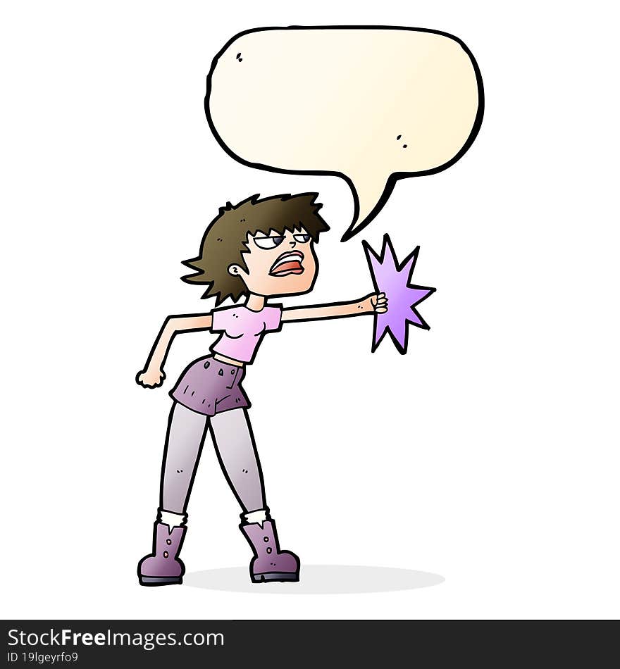 cartoon woman punching with speech bubble