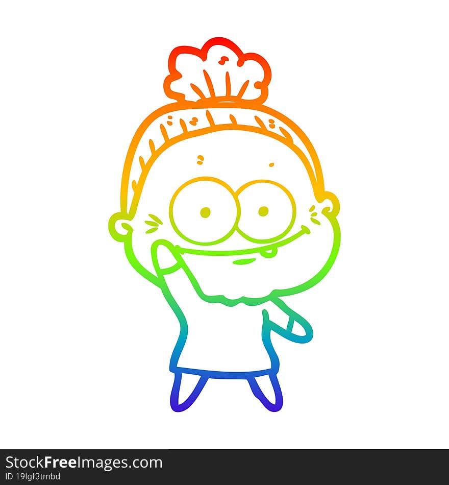 rainbow gradient line drawing of a cartoon happy old woman