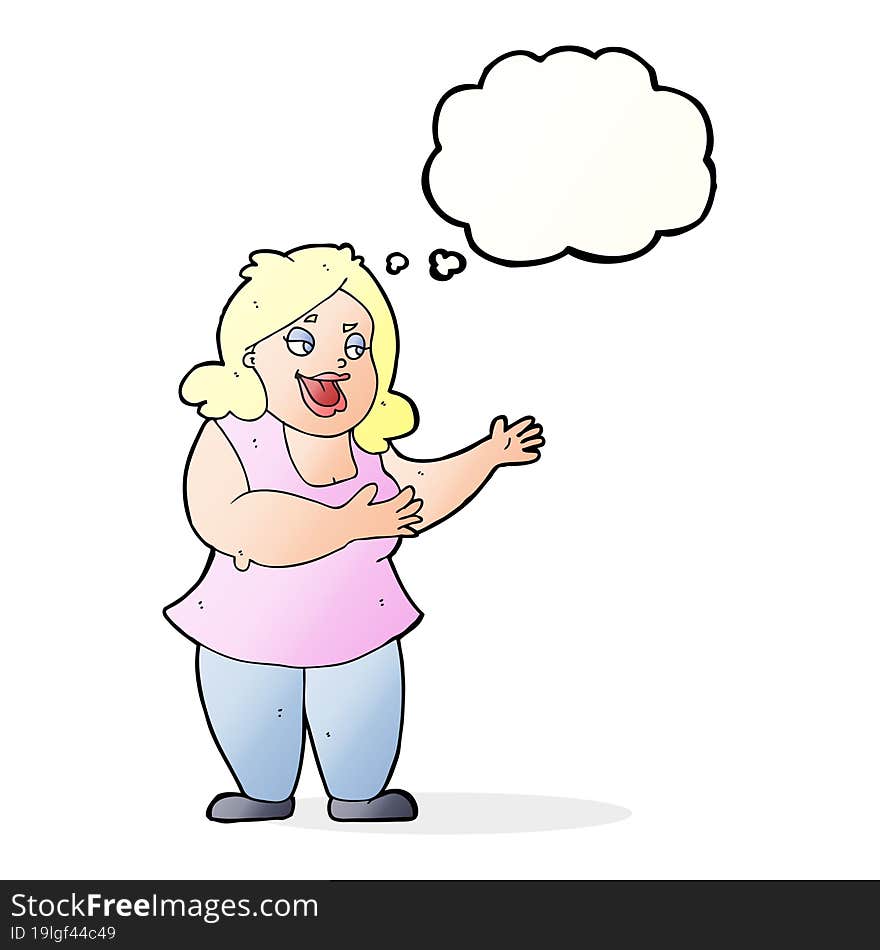 cartoon happy fat woman with thought bubble