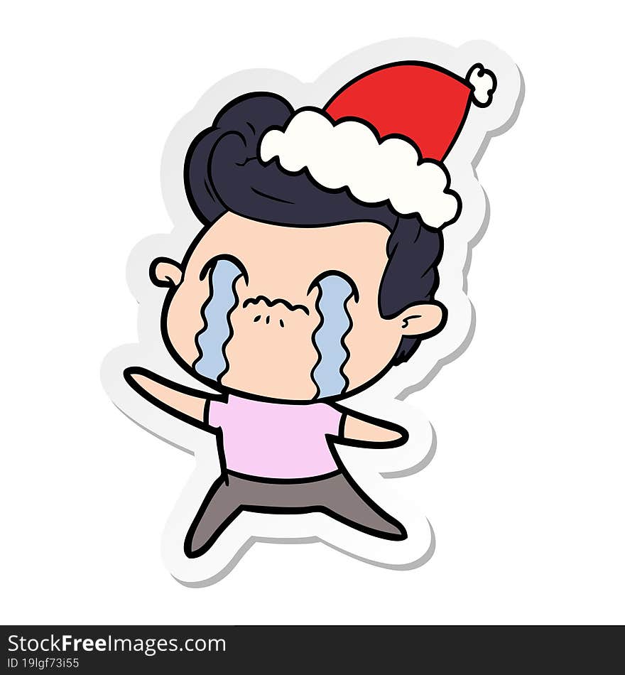 sticker cartoon of a man crying wearing santa hat