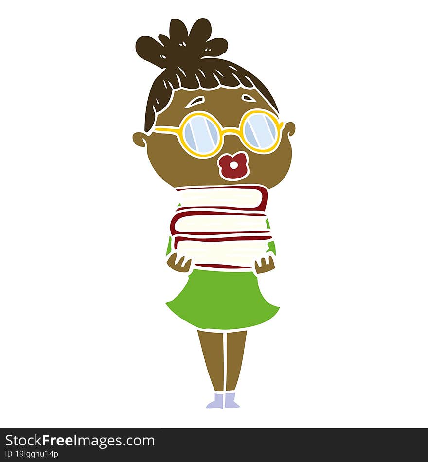 Flat Color Style Cartoon Librarian Woman Wearing Spectacles