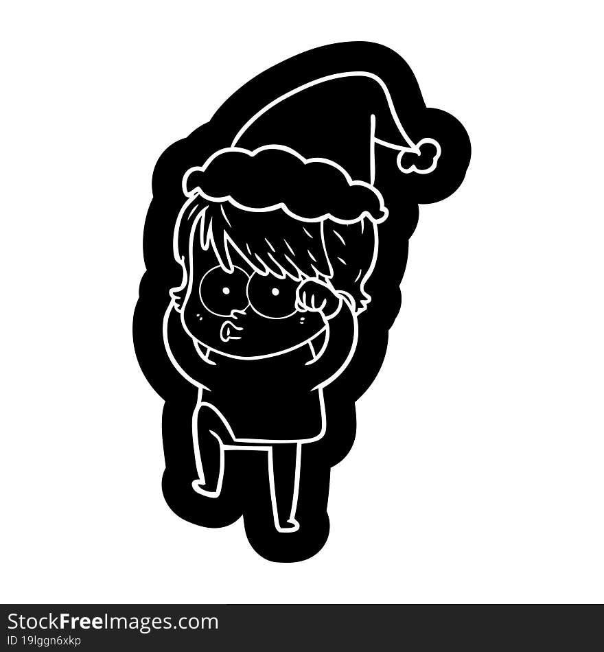 quirky cartoon icon of a woman wearing santa hat