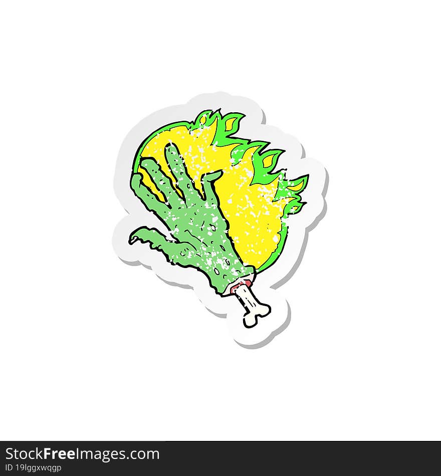 Retro Distressed Sticker Of A Cartoon Gross Flaming Zombie Hand