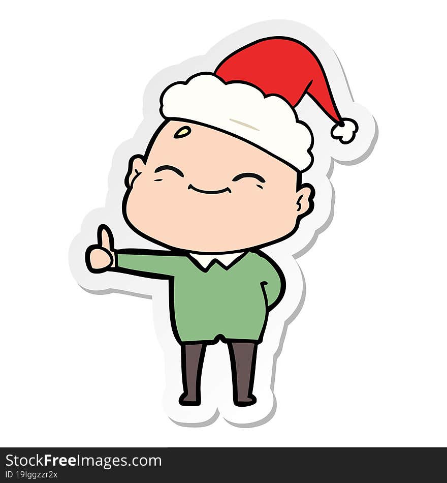 happy sticker cartoon of a bald man wearing santa hat