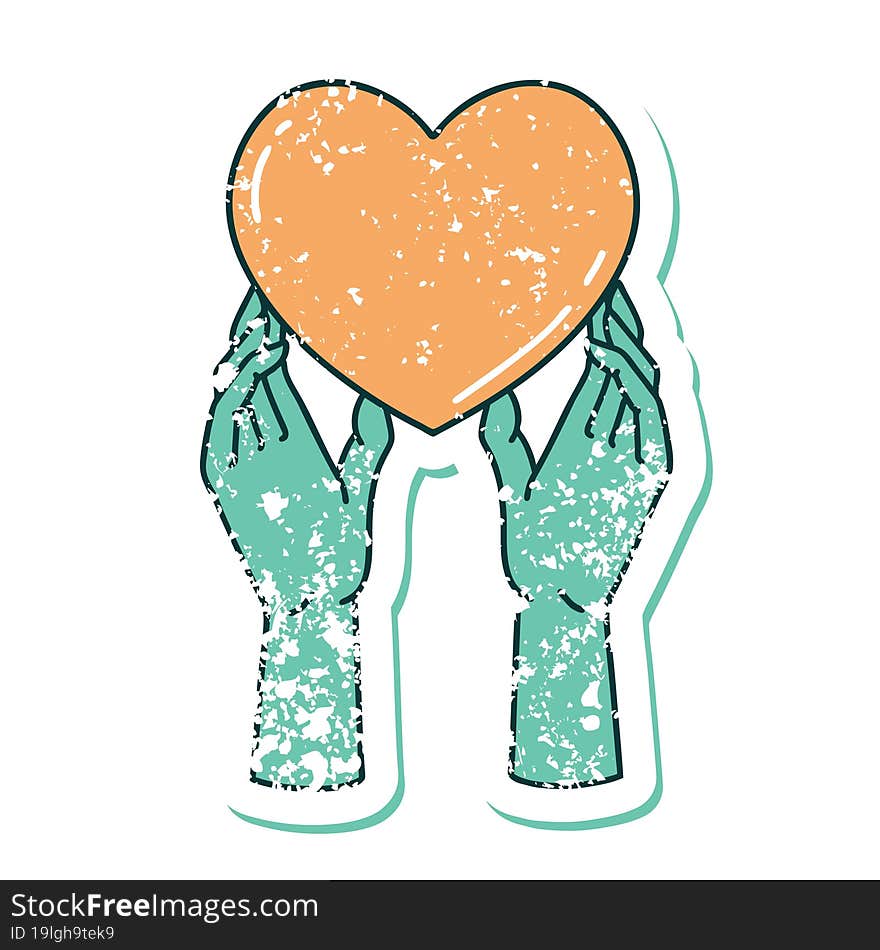 Distressed Sticker Tattoo Style Icon Of A Hands Reaching For A Heart