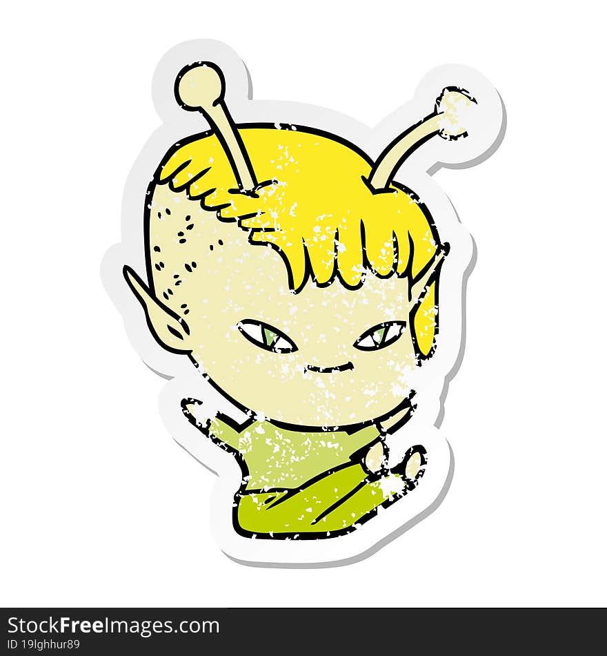 distressed sticker of a cute cartoon alien girl