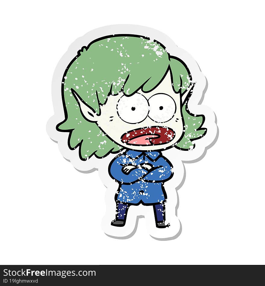 distressed sticker of a cartoon shocked elf girl