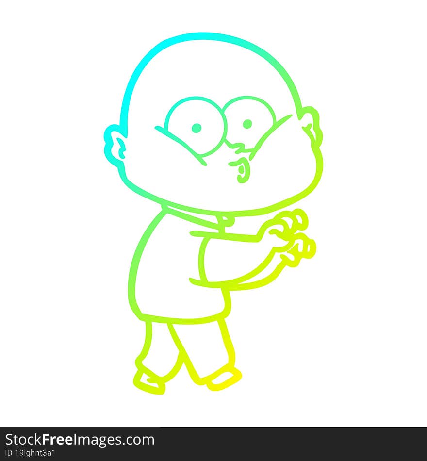 cold gradient line drawing of a cartoon bald man staring