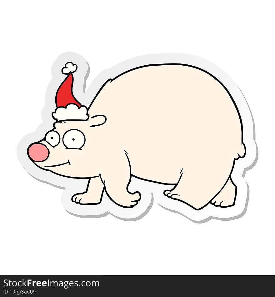 sticker cartoon of a walking polar bear wearing santa hat