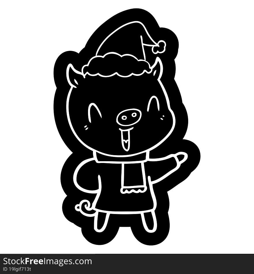 happy quirky cartoon icon of a pig in winter clothes wearing santa hat