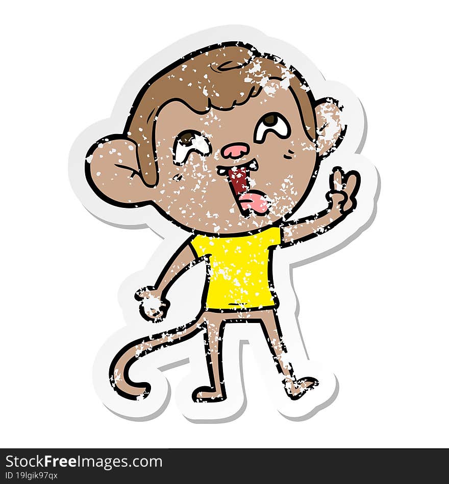 distressed sticker of a crazy cartoon monkey giving peace sign