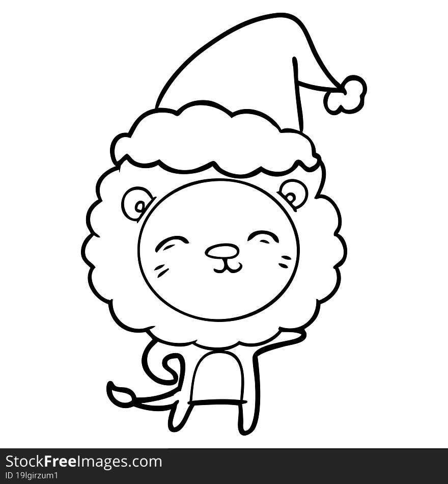 line drawing of a lion wearing santa hat