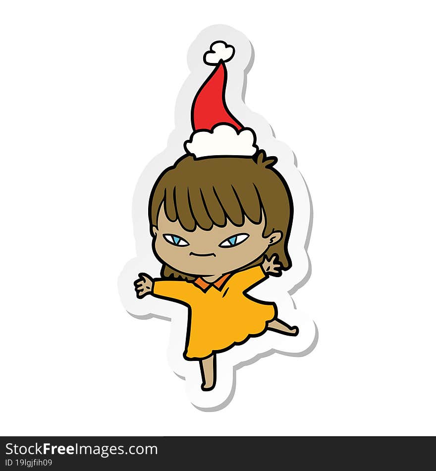 hand drawn sticker cartoon of a woman wearing santa hat