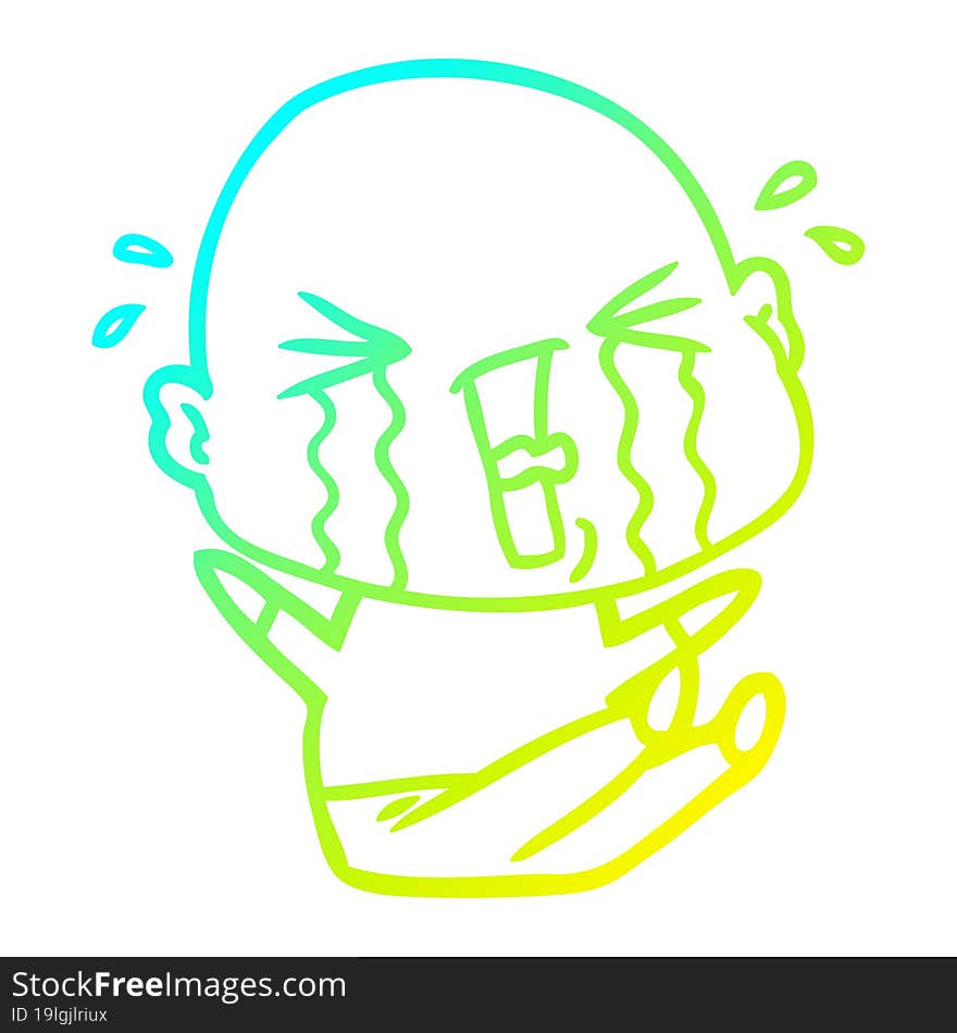 cold gradient line drawing cartoon crying bald man