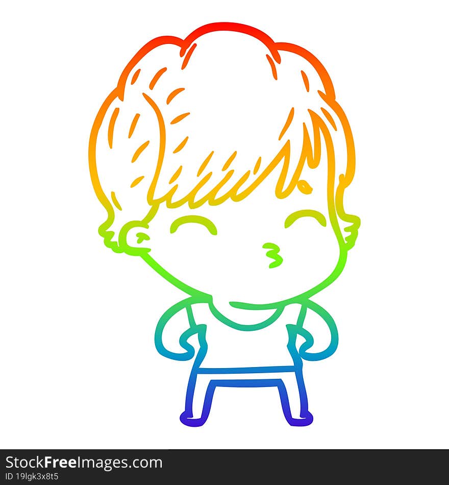 Rainbow Gradient Line Drawing Cartoon Woman Thinking