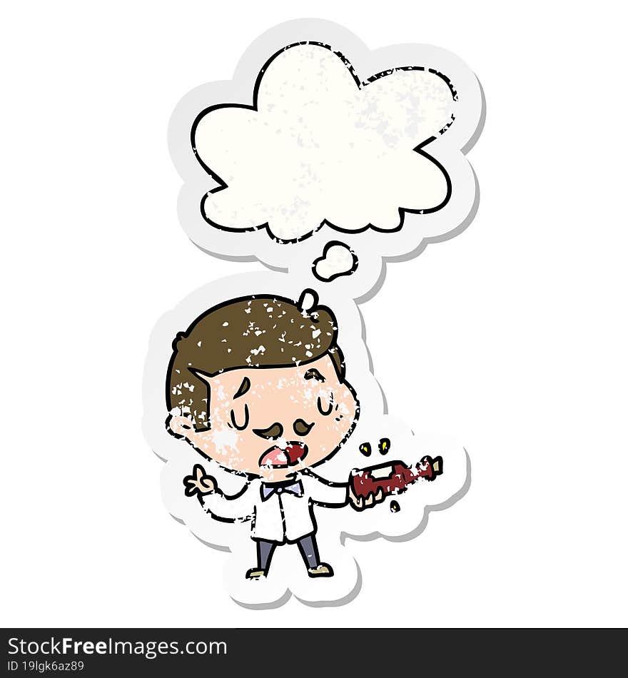 cartoon wine expert and thought bubble as a distressed worn sticker