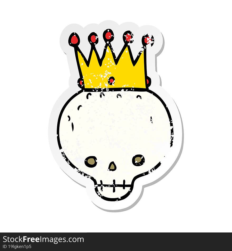 distressed sticker of a cartoon skull with crown