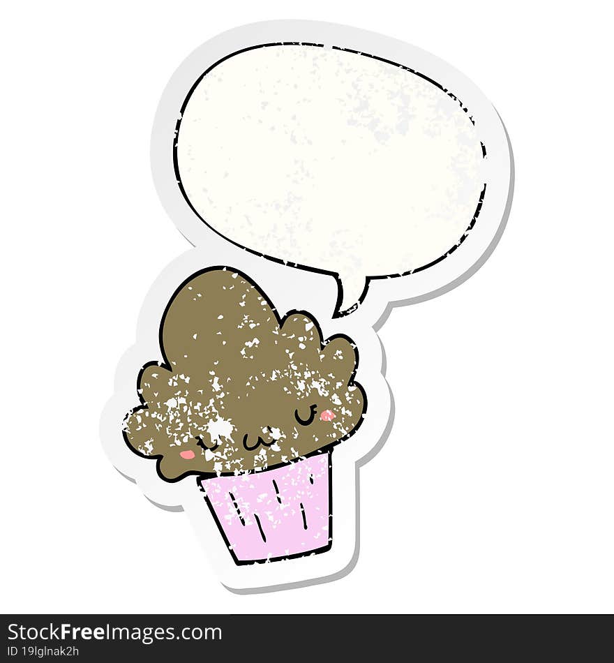 cartoon cupcake and face and speech bubble distressed sticker