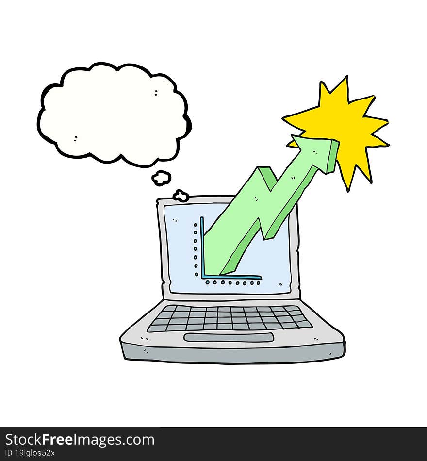 freehand drawn thought bubble cartoon laptop computer with business graph