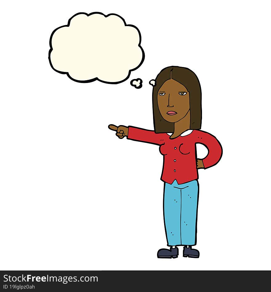 cartoon woman pointing with thought bubble