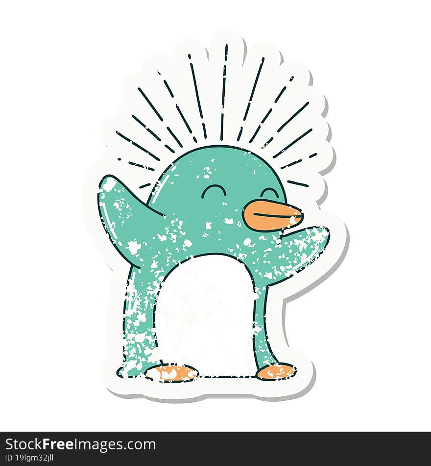 grunge sticker of tattoo style happy penguin