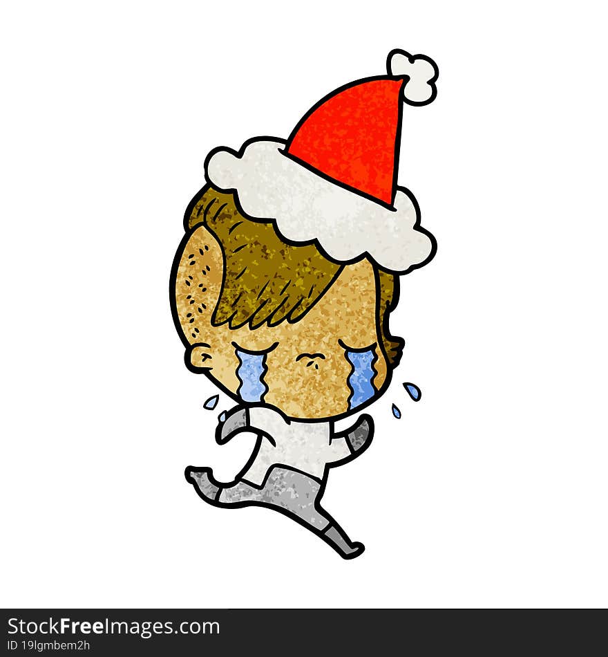 Textured Cartoon Of A Crying Girl Wearing Space Clothes Wearing Santa Hat