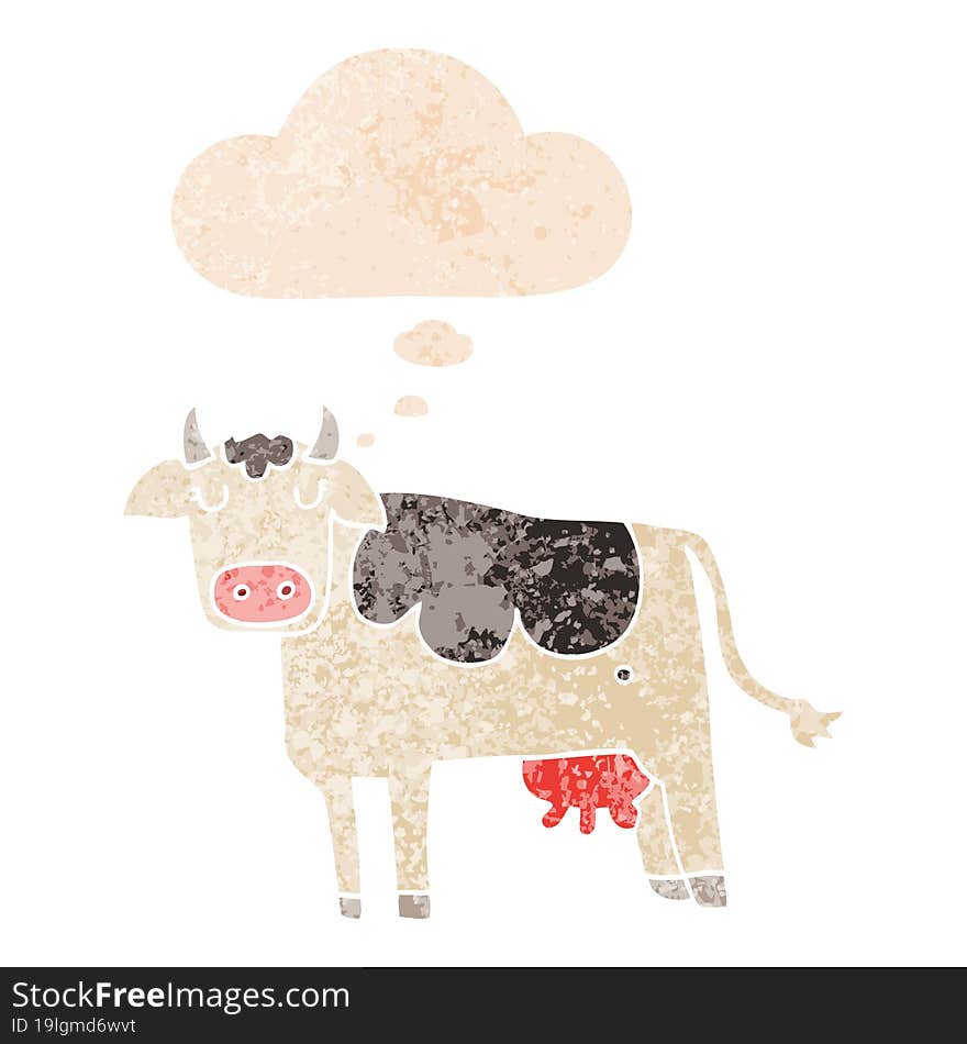 cartoon cow and thought bubble in retro textured style