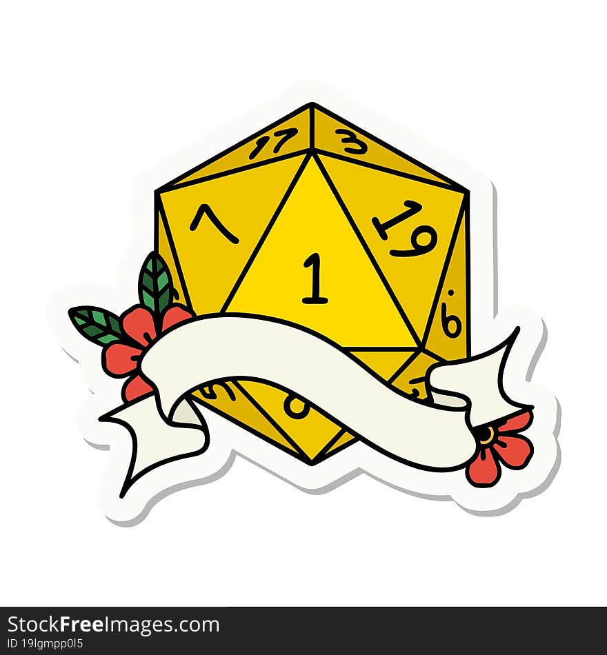 sticker of a natural one d20 dice roll. sticker of a natural one d20 dice roll