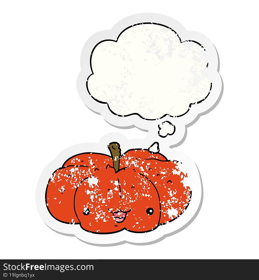 cartoon pumpkin and thought bubble as a distressed worn sticker