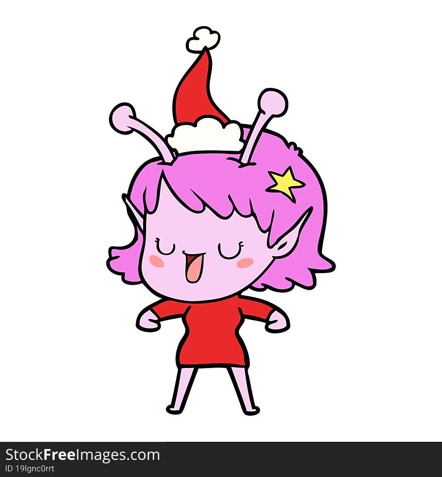 happy alien girl line drawing of a wearing santa hat