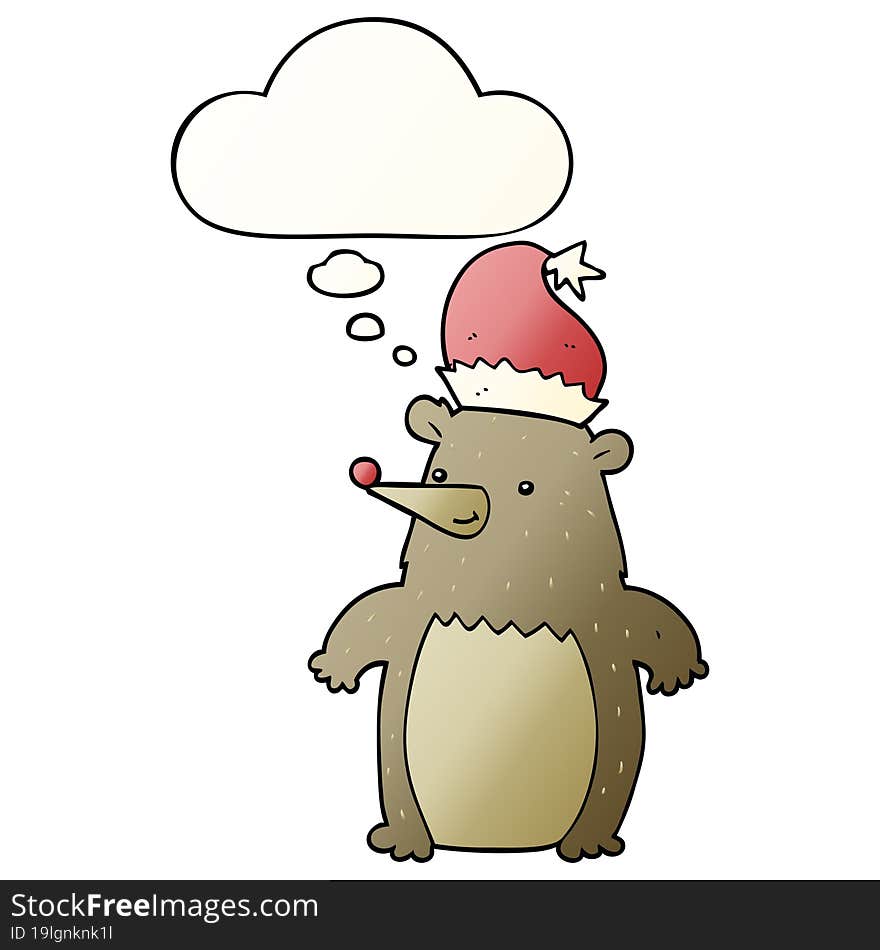 cartoon bear wearing christmas hat and thought bubble in smooth gradient style