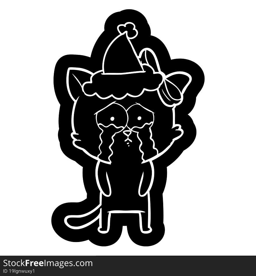 quirky cartoon icon of a cat wearing santa hat