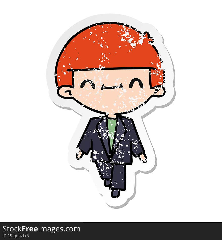 distressed sticker cartoon of cute kawaii boy in suit