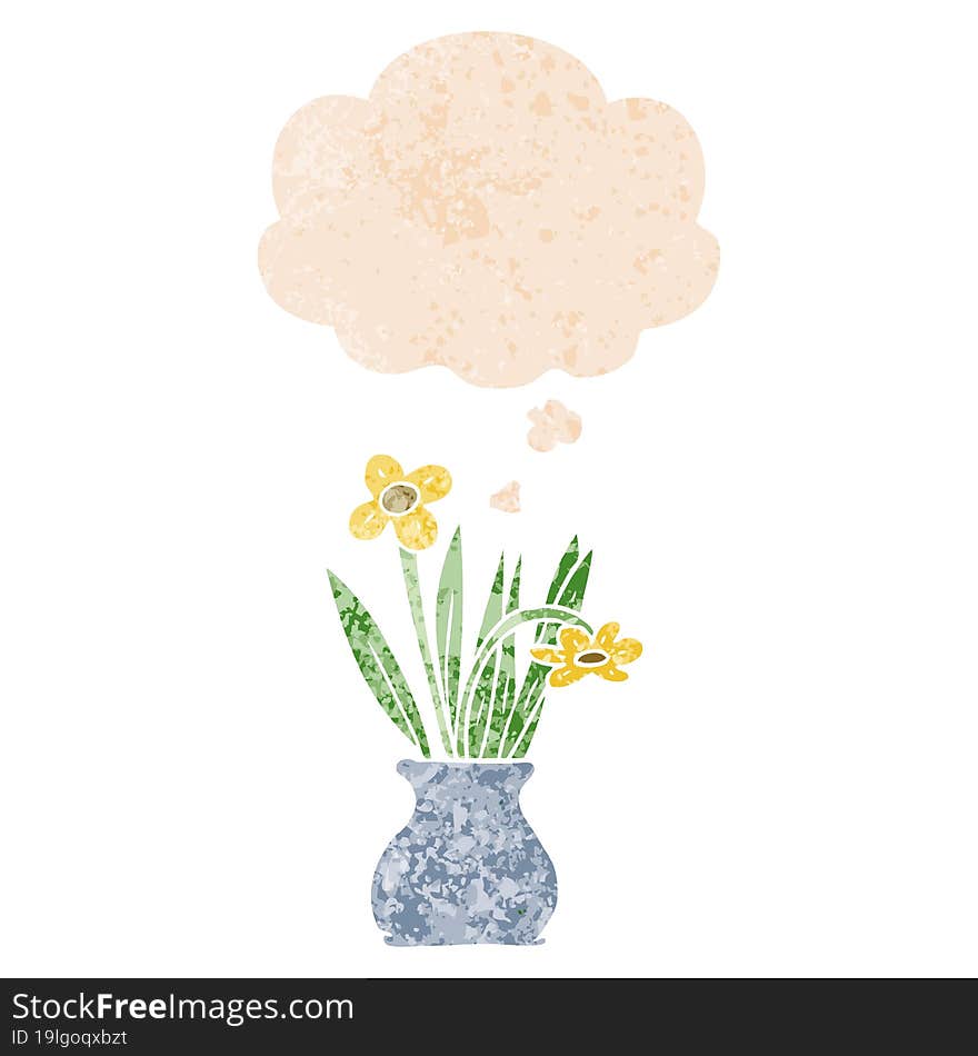 cartoon flower in pot and thought bubble in retro textured style